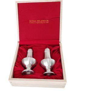 NIB Vintage Royal Selangor Pewter Salt and Pepper Shakers Original Wooden Box